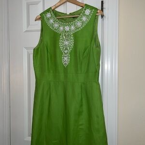ANTONIO MELANI Green Linen Dress with White Embroidery